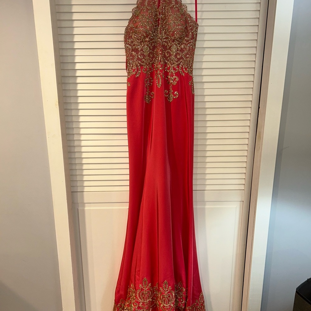 Dave & Johnny Coral and Gold Embellished Halter Prom Gown